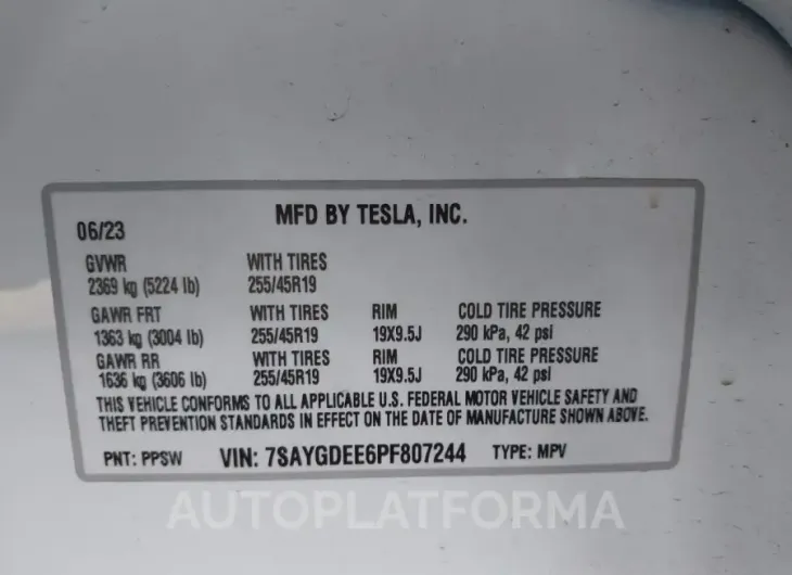 TESLA MODEL Y 2023 vin 7SAYGDEE6PF807244 from auto auction Iaai