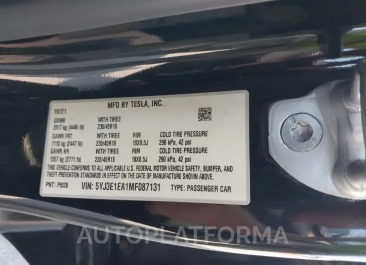 TESLA MODEL 3 2021 vin 5YJ3E1EA1MF087131 from auto auction Iaai