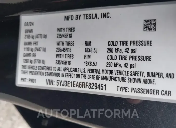 TESLA MODEL 3 2024 vin 5YJ3E1EA6RF829451 from auto auction Iaai