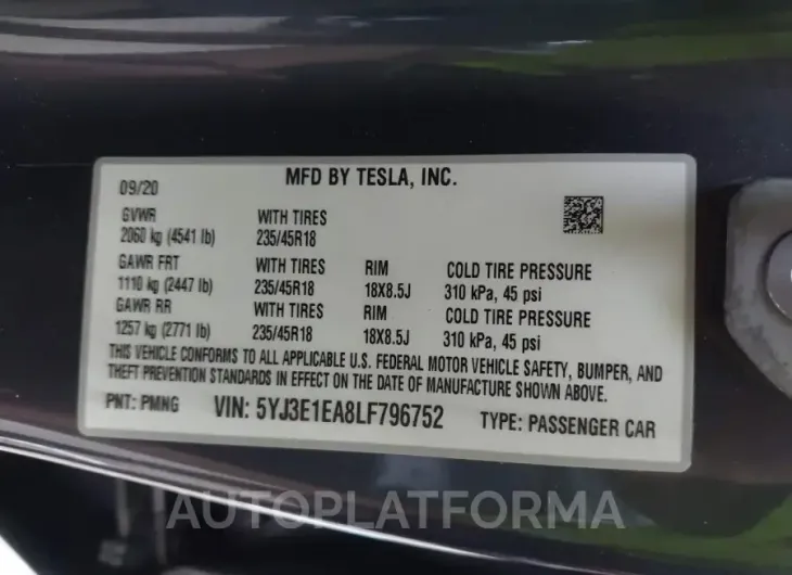 TESLA MODEL 3 2020 vin 5YJ3E1EA8LF796752 from auto auction Iaai