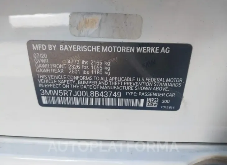 BMW 330I 2020 vin 3MW5R7J00L8B43749 from auto auction Iaai