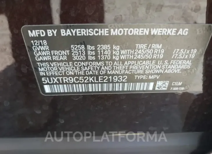 BMW X3 2019 vin 5UXTR9C52KLE21932 from auto auction Iaai