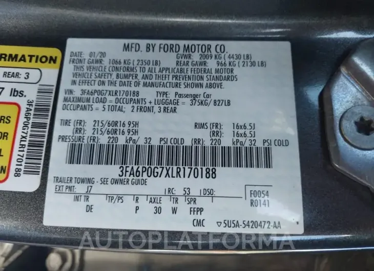 FORD FUSION 2020 vin 3FA6P0G7XLR170188 from auto auction Iaai