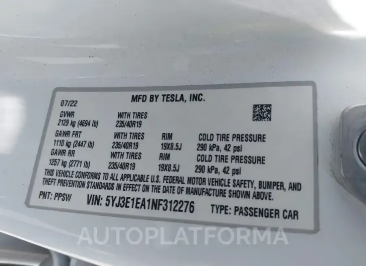 TESLA MODEL 3 2022 vin 5YJ3E1EA1NF312276 from auto auction Iaai