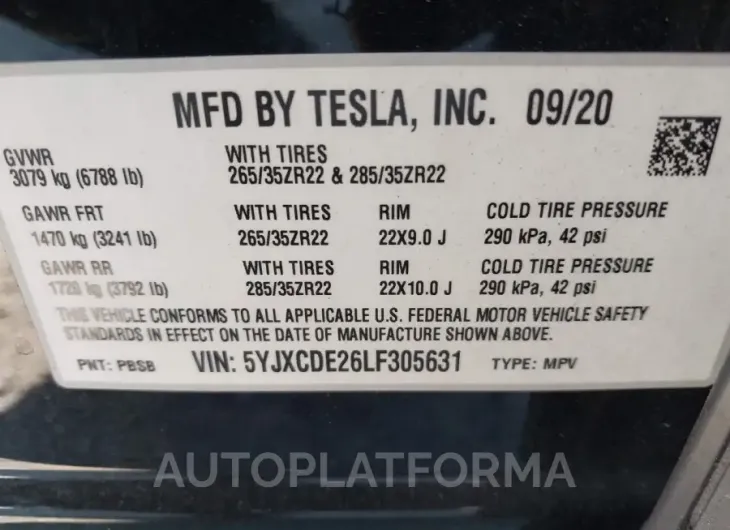 TESLA MODEL X 2020 vin 5YJXCDE26LF305631 from auto auction Iaai