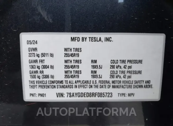 TESLA MODEL Y 2024 vin 7SAYGDED8RF085723 from auto auction Iaai