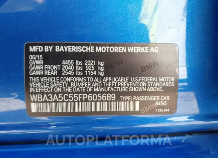 BMW 328I  2015 vin WBA3A5C55FP605689 from auto auction Iaai