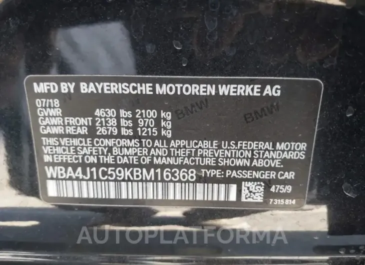 BMW 430I GRAN COUPE 2019 vin WBA4J1C59KBM16368 from auto auction Iaai