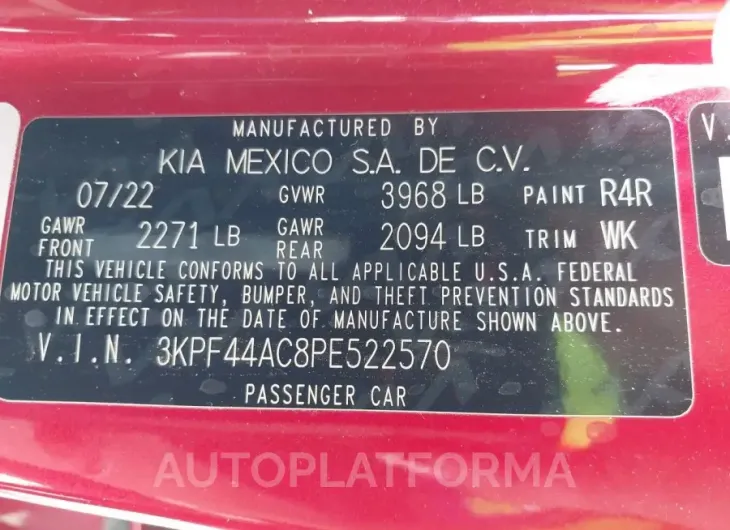 KIA FORTE 2023 vin 3KPF44AC8PE522570 from auto auction Iaai