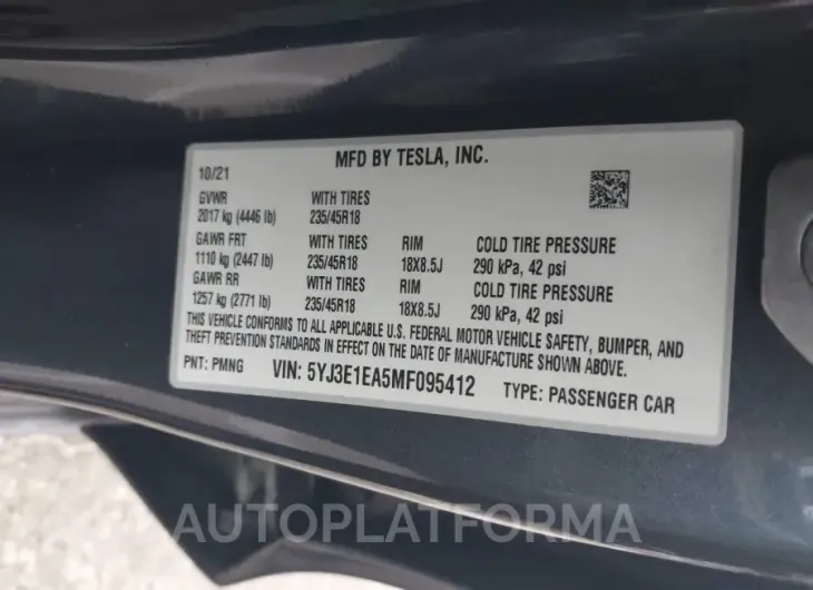 TESLA MODEL 3 2021 vin 5YJ3E1EA5MF095412 from auto auction Iaai