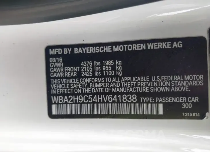 BMW 230I 2017 vin WBA2H9C54HV641838 from auto auction Iaai