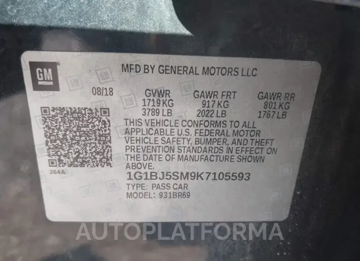 CHEVROLET CRUZE 2019 vin 1G1BJ5SM9K7105593 from auto auction Iaai