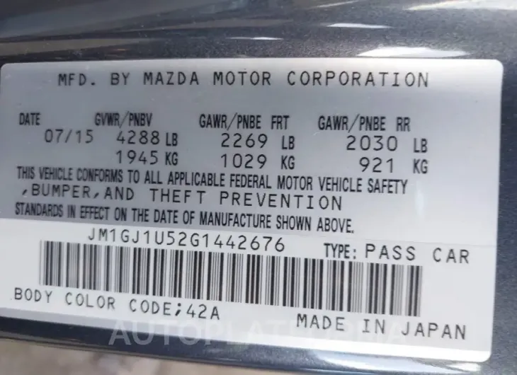 MAZDA MAZDA6 2016 vin JM1GJ1U52G1442676 from auto auction Iaai