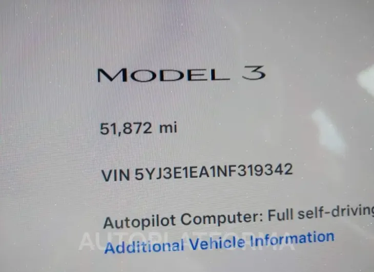 TESLA MODEL 3 2022 vin 5YJ3E1EA1NF319342 from auto auction Iaai