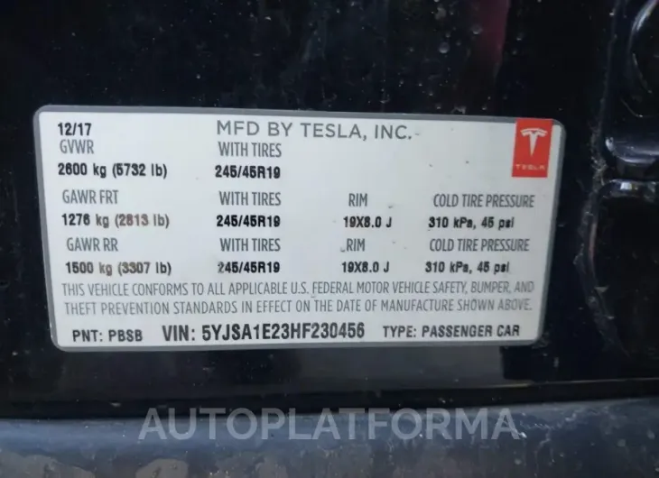 TESLA MODEL S 2017 vin 5YJSA1E23HF230456 from auto auction Iaai