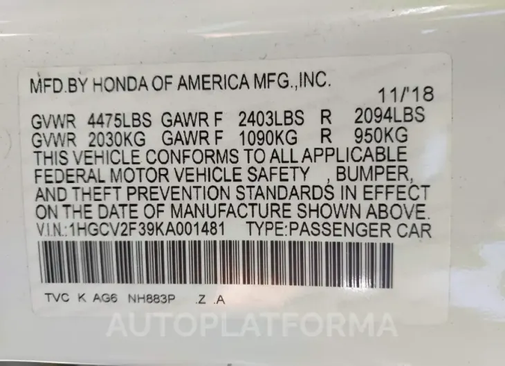 HONDA ACCORD 2019 vin 1HGCV2F39KA001481 from auto auction Iaai