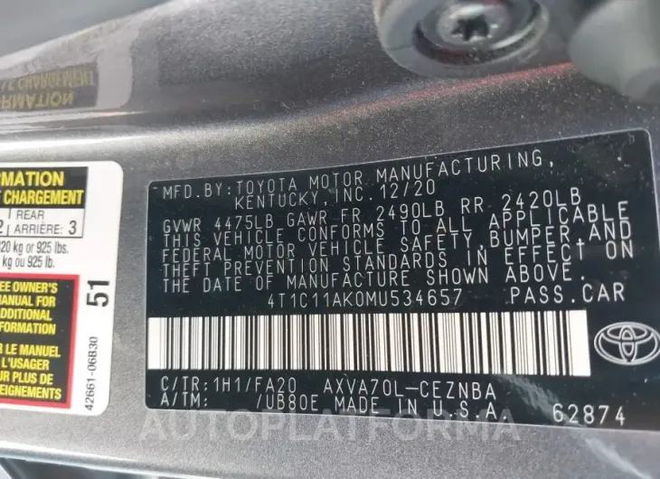 TOYOTA CAMRY 2021 vin 4T1C11AK0MU534657 from auto auction Iaai