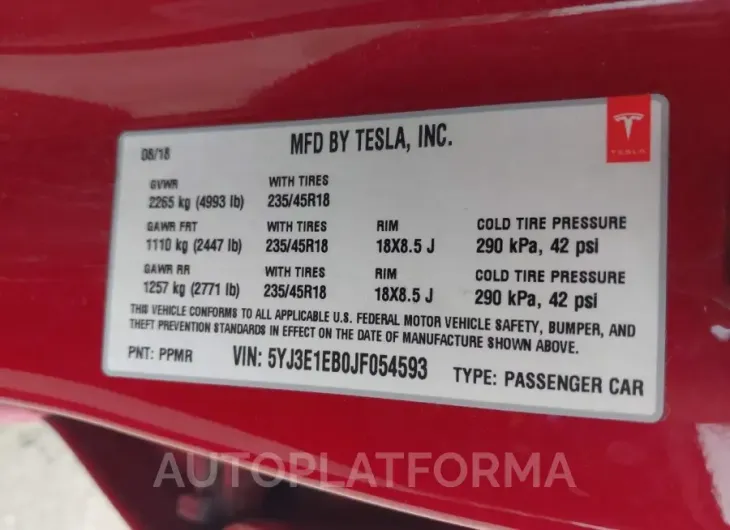 TESLA MODEL 3 2018 vin 5YJ3E1EB0JF054593 from auto auction Iaai