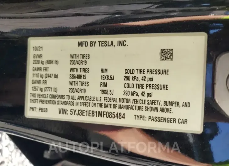 TESLA MODEL 3 2021 vin 5YJ3E1EB1MF085484 from auto auction Iaai