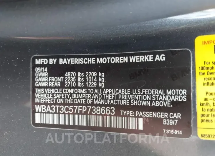 BMW 435I 2015 vin WBA3T3C57FP738663 from auto auction Iaai