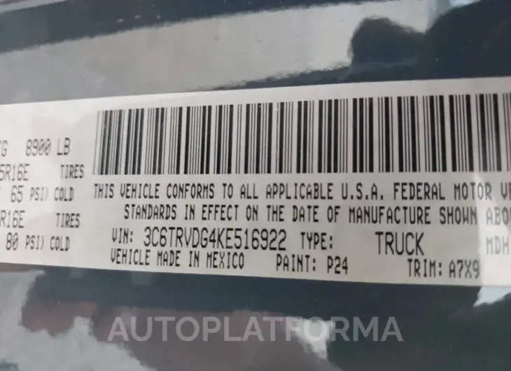 RAM PROMASTER 2500 2019 vin 3C6TRVDG4KE516922 from auto auction Iaai