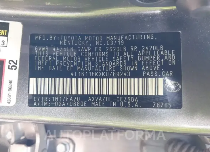 TOYOTA CAMRY 2019 vin 4T1B11HKXKU769243 from auto auction Iaai