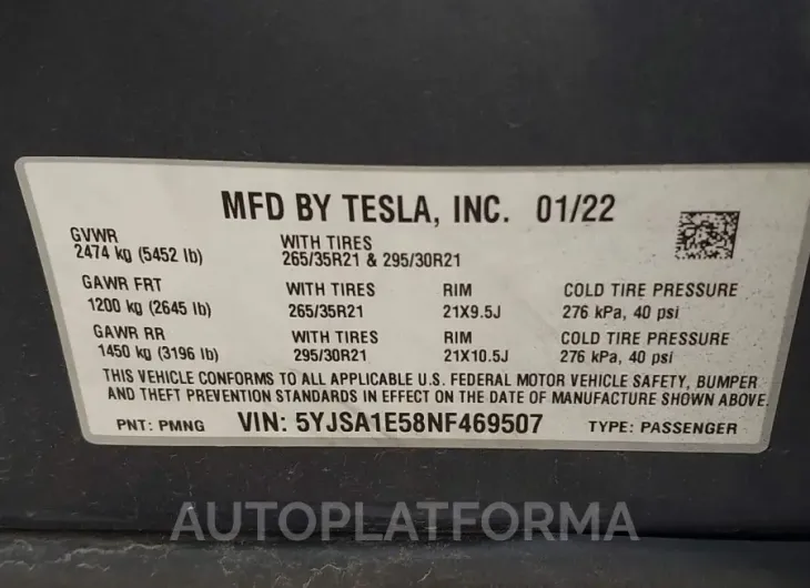 TESLA MODEL S 2022 vin 5YJSA1E58NF469507 from auto auction Iaai