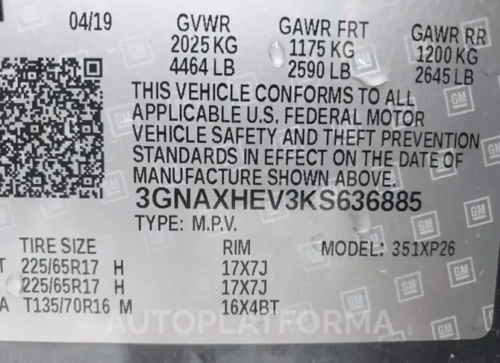 CHEVROLET EQUINOX 2019 vin 3GNAXHEV3KS636885 from auto auction Iaai