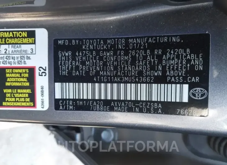 TOYOTA CAMRY 2021 vin 4T1G11AK3MU543662 from auto auction Iaai