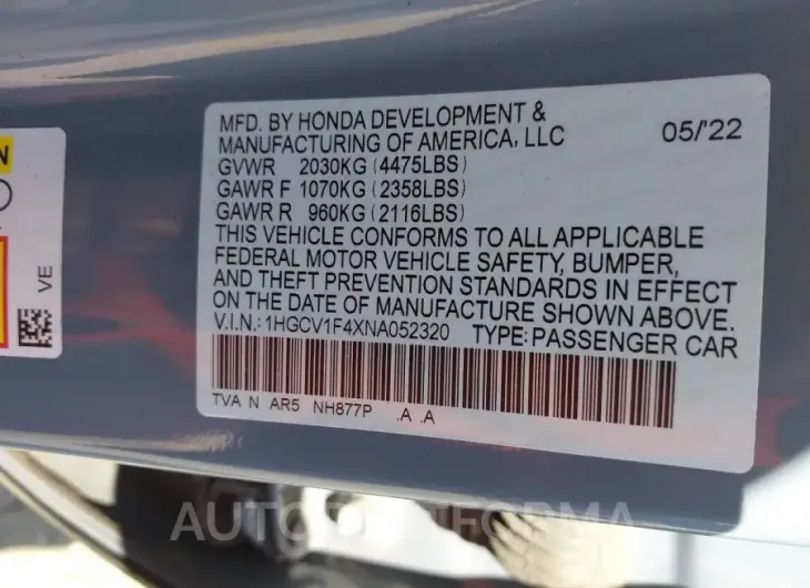 HONDA ACCORD 2022 vin 1HGCV1F4XNA052320 from auto auction Iaai