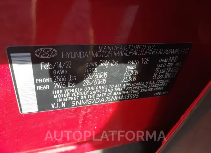 HYUNDAI SANTA FE 2022 vin 5NMS2DAJ5NH433595 from auto auction Iaai