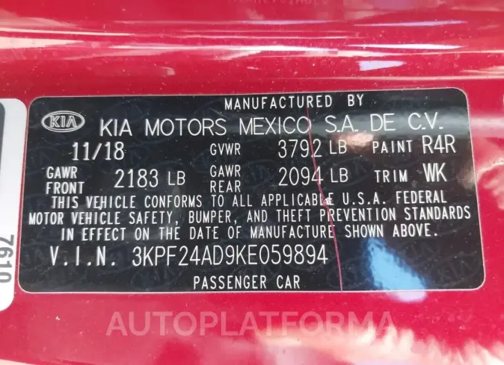 KIA FORTE 2019 vin 3KPF24AD9KE059894 from auto auction Iaai