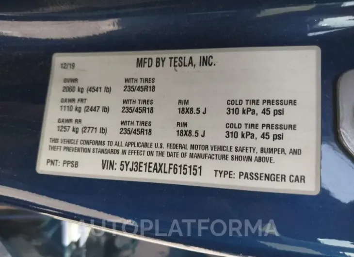 TESLA MODEL 3 2020 vin 5YJ3E1EAXLF615151 from auto auction Iaai