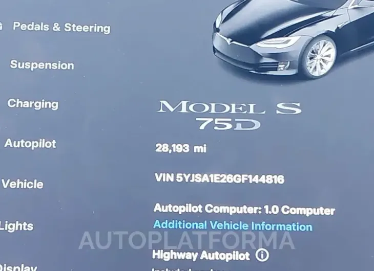 TESLA MODEL S 2016 vin 5YJSA1E26GF144816 from auto auction Iaai