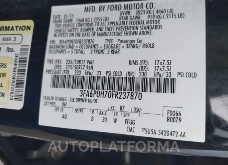 FORD FUSION 2015 vin 3FA6P0H70FR237870 from auto auction Iaai