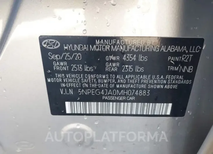 HYUNDAI SONATA 2021 vin 5NPEG4JA0MH074883 from auto auction Iaai