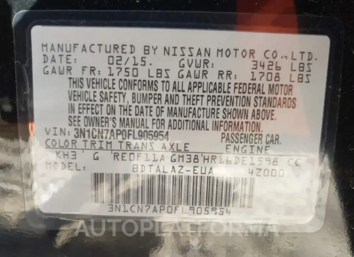 NISSAN VERSA 2015 vin 3N1CN7AP0FL905954 from auto auction Iaai