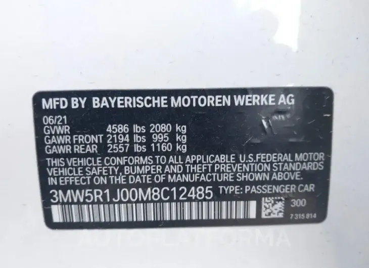 BMW 330I 2021 vin 3MW5R1J00M8C12485 from auto auction Iaai