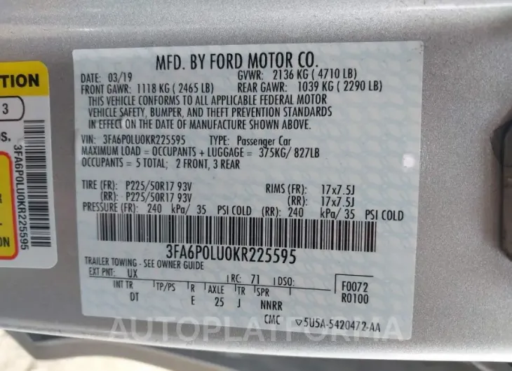 FORD FUSION HYBRID 2019 vin 3FA6P0LU0KR225595 from auto auction Iaai