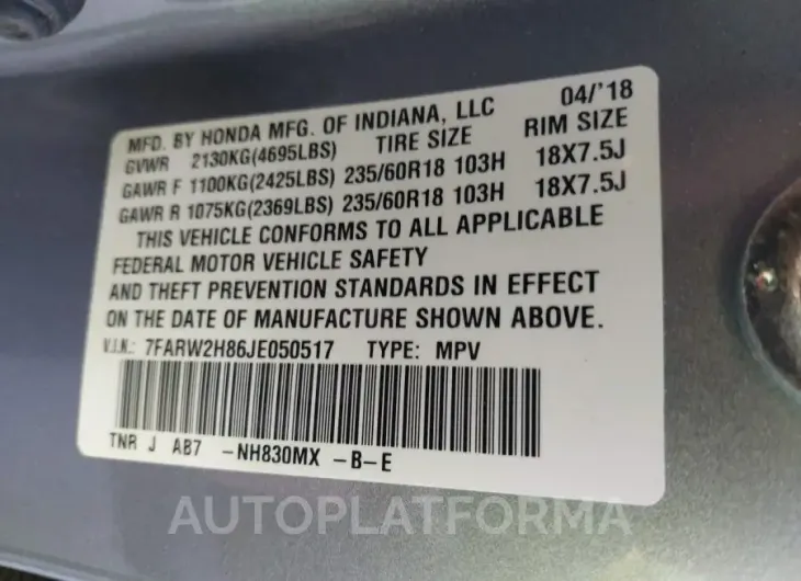 HONDA CR-V 2018 vin 7FARW2H86JE050517 from auto auction Iaai