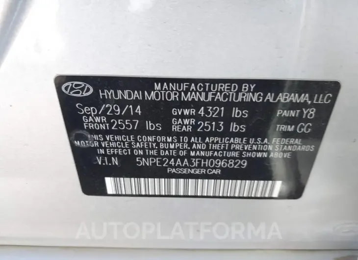 HYUNDAI SONATA 2015 vin 5NPE24AA3FH096829 from auto auction Iaai