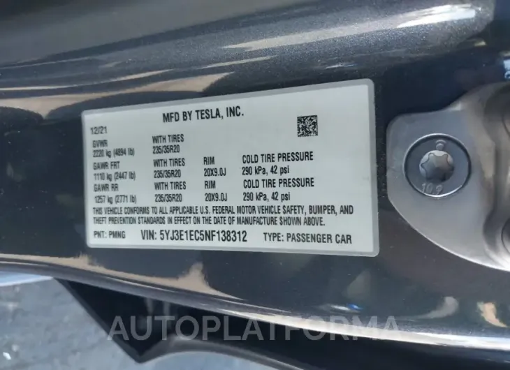 TESLA MODEL 3 2022 vin 5YJ3E1EC5NF138312 from auto auction Iaai